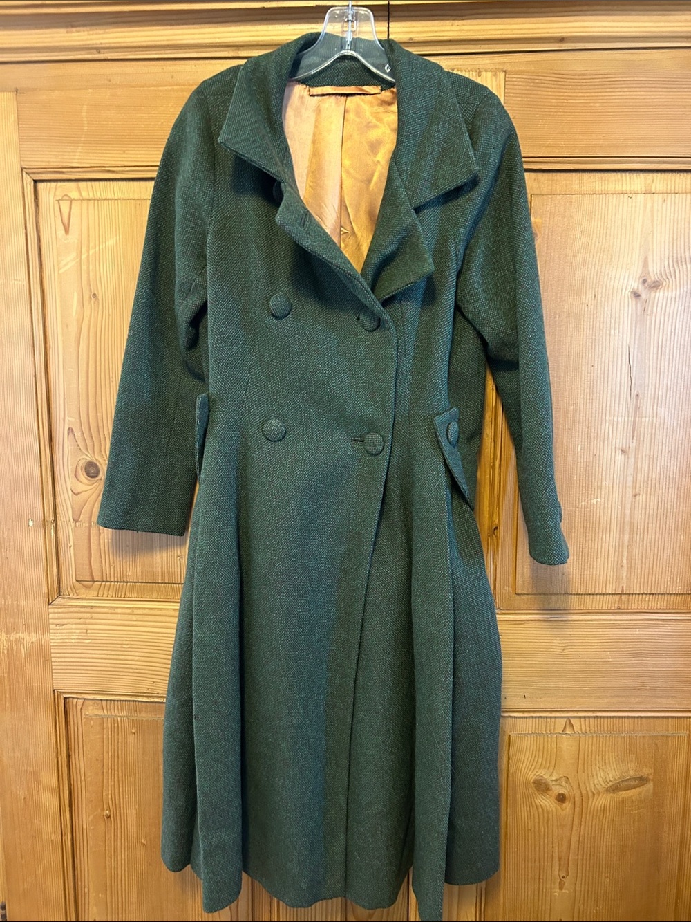 Vintage 50s Elegant Green Wool Tweed Double-Breasted Long Sleeve Dress Coat